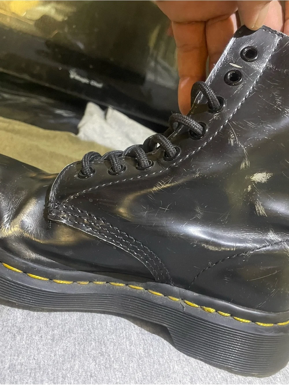 Dr. Martens Black Leather Lace-Up Boots with Yellow Stitching